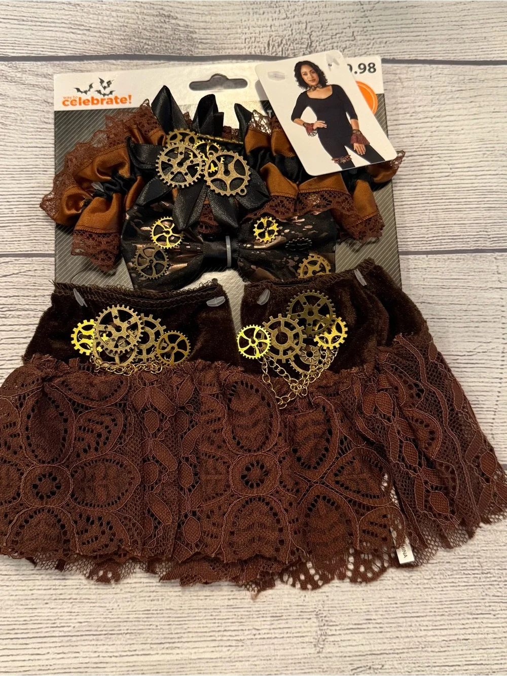 Celebrate It Brown and Black Steampunk Lace Wrist Cuffs with Gold Gear Accents